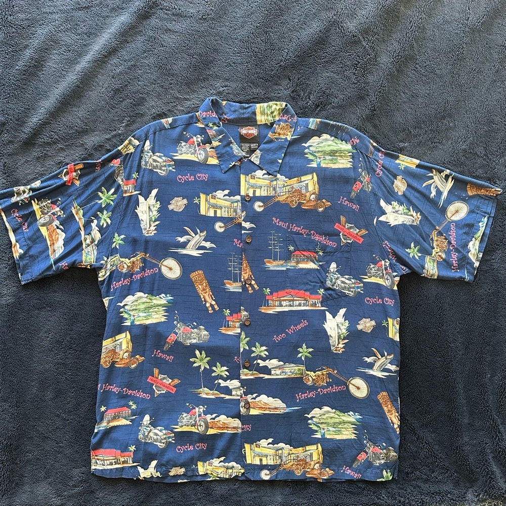 Harley Davidson Navy Blue Hawaiian Shirt